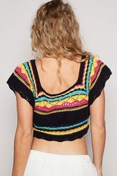 POL Openwork Ethnic Pattern Square Neck Cropped Knit Top OutfitFlow